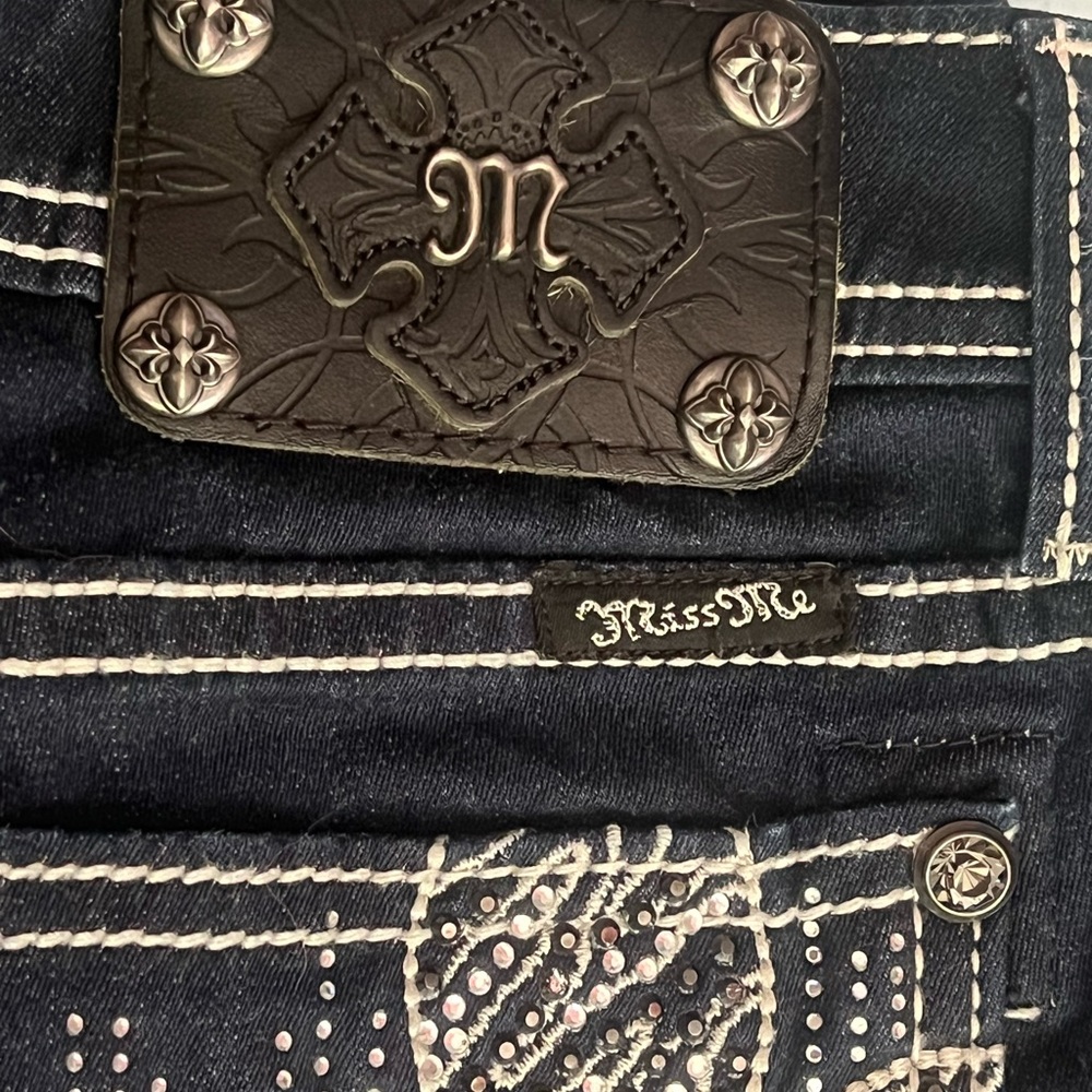 Miss Me Dark Wash Jeans with Silver Accents & Fleur de Lis Pocket Detail